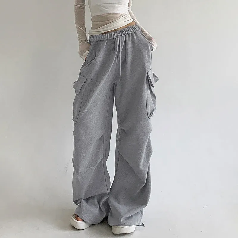 European and American Street Hot Girls Asymmetric Multi-Pocket Pleated Straight Sweatpants Women's Low Waist Drawstring Loose Cargo Casual Pants