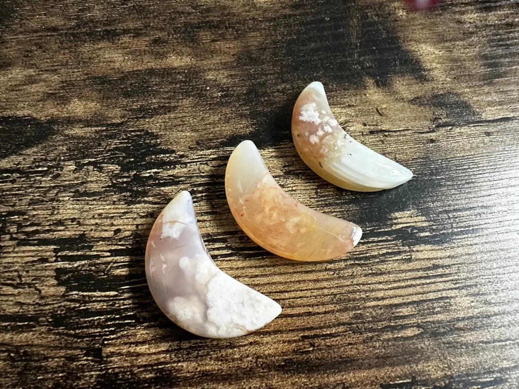 Flower Agate Carved Crescent Moon, feminine energy, security FB2101