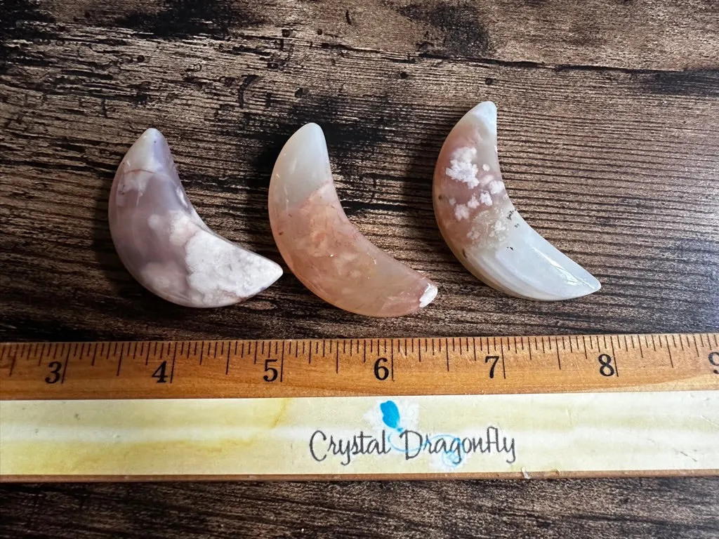 Flower Agate Carved Crescent Moon, feminine energy, security FB2101