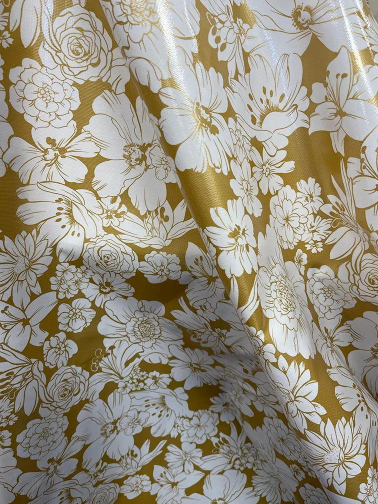 Gold White Floral Oilcloth Fabric - Reorderable