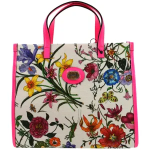 GUCCI Medium Flora Canvas Tote Shoulder Bag Pink 550141