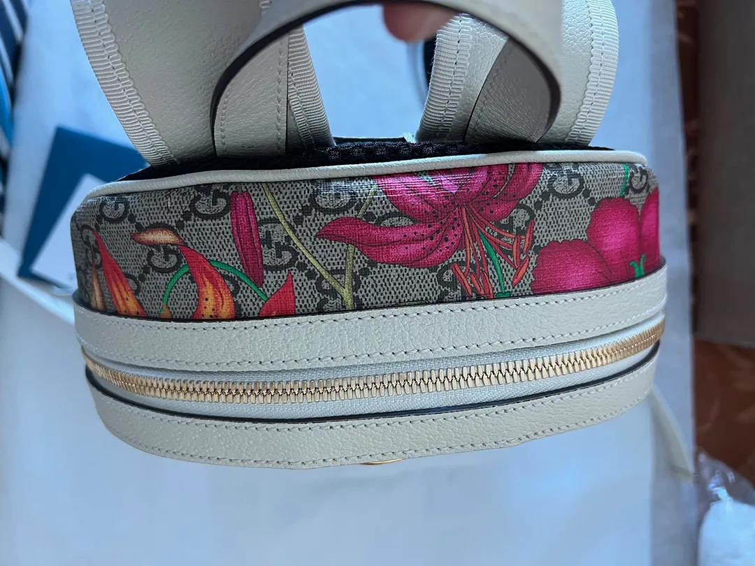 Gucci Ophidia Flora Beige White Leather Canvas Backpack Handbag Bag Italy NEW