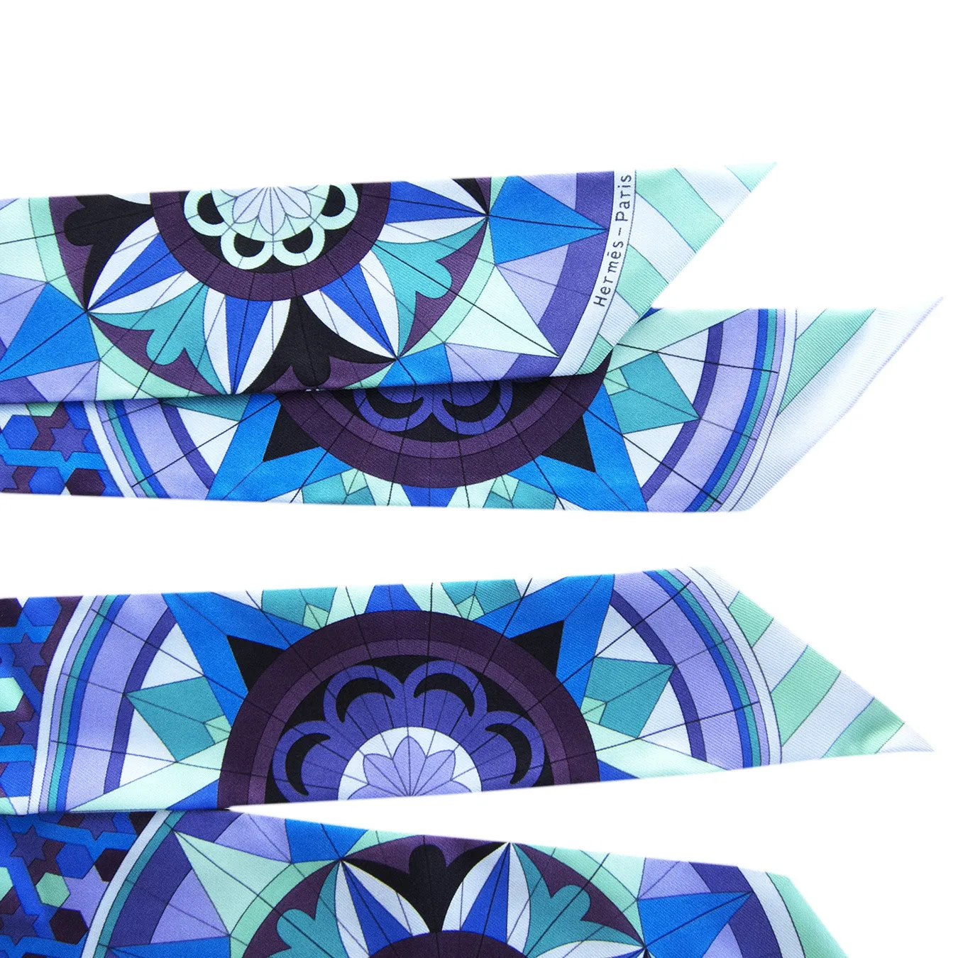 Hermes Floral Geometric Green Blue Purple Silk Twilly Scarf Set Twillies