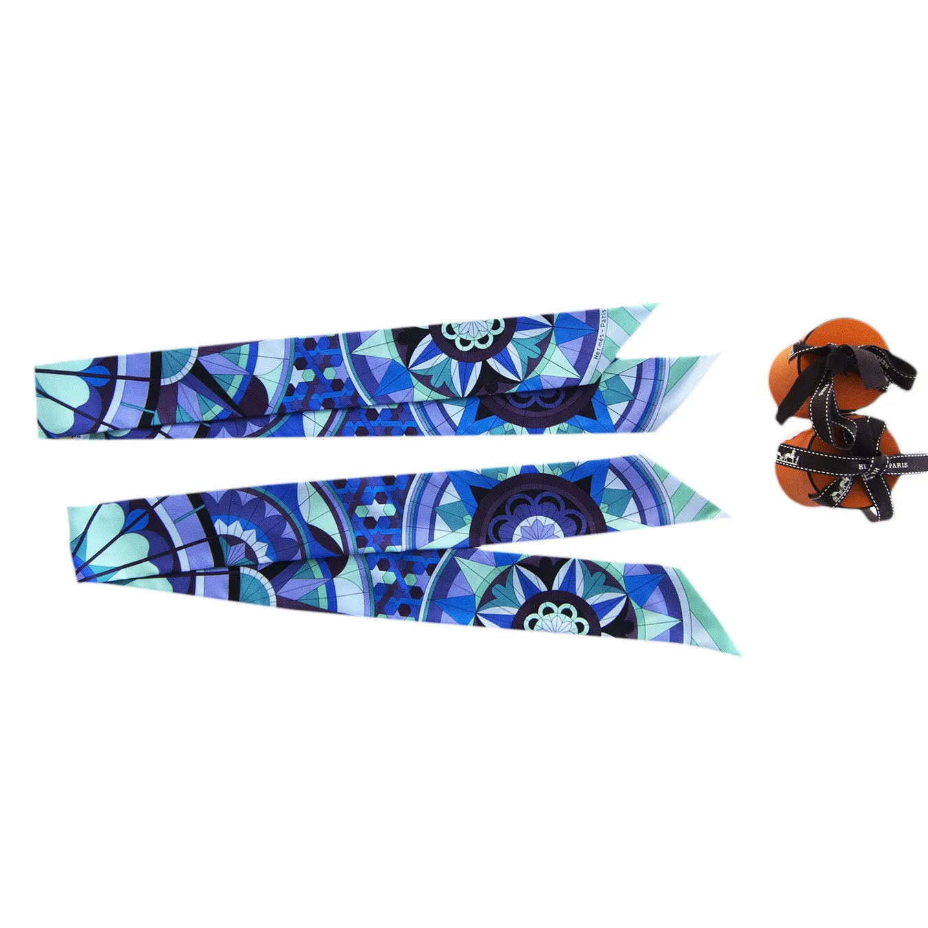 Hermes Floral Geometric Green Blue Purple Silk Twilly Scarf Set Twillies