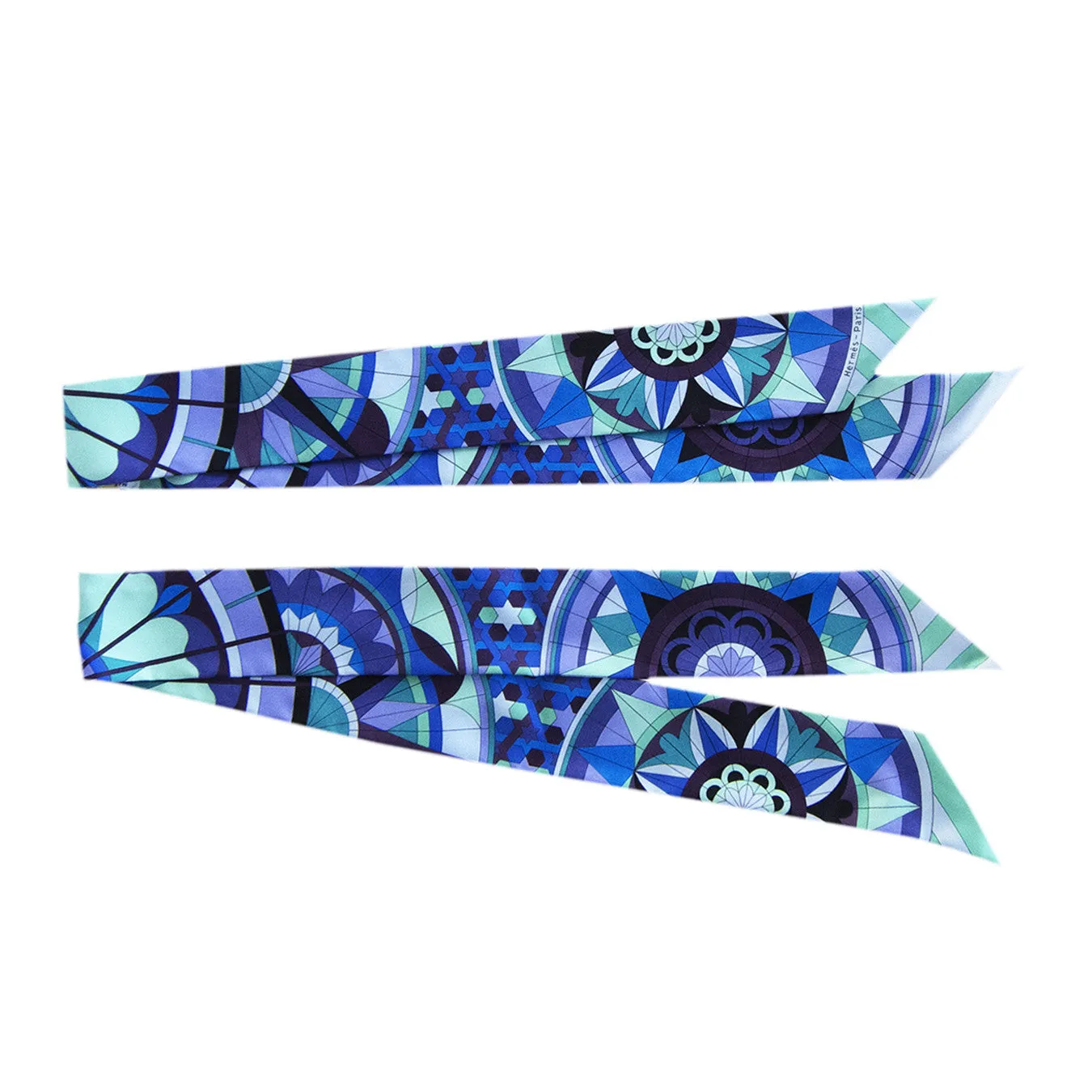 Hermes Floral Geometric Green Blue Purple Silk Twilly Scarf Set Twillies