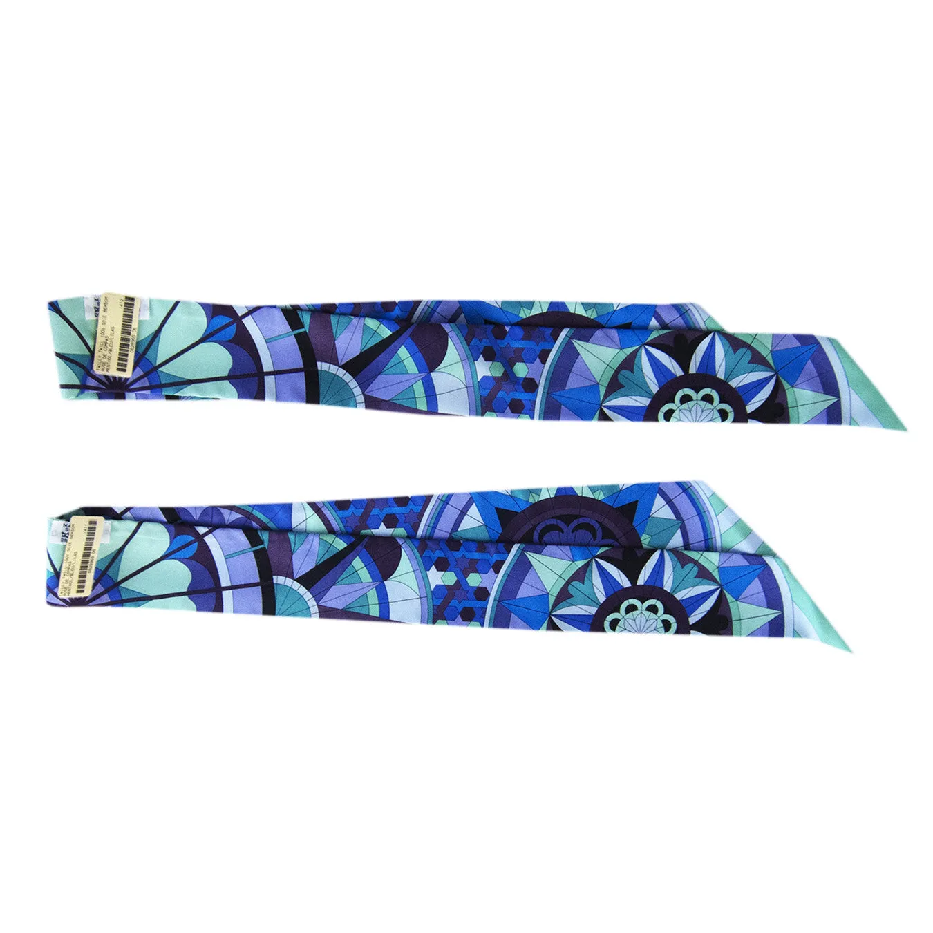 Hermes Floral Geometric Green Blue Purple Silk Twilly Scarf Set Twillies