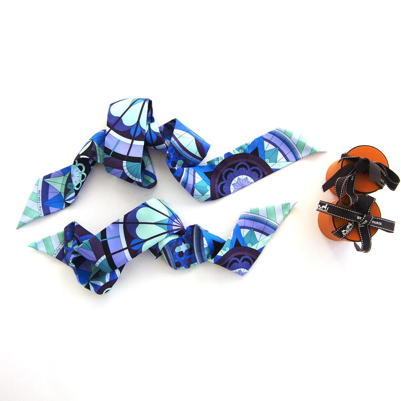 Hermes Floral Geometric Green Blue Purple Silk Twilly Scarf Set Twillies