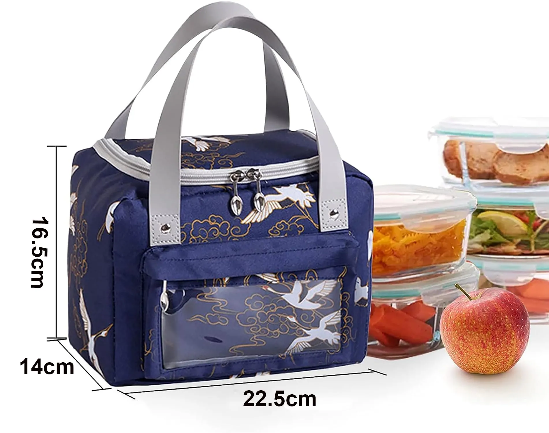 House of Quirk Insulated Reusable Lunch Bag Tote Bag for Women Printed Lunch Bag for School Picnic Office Outdoor Gym (Blue Flower Leaves) (Nylon)