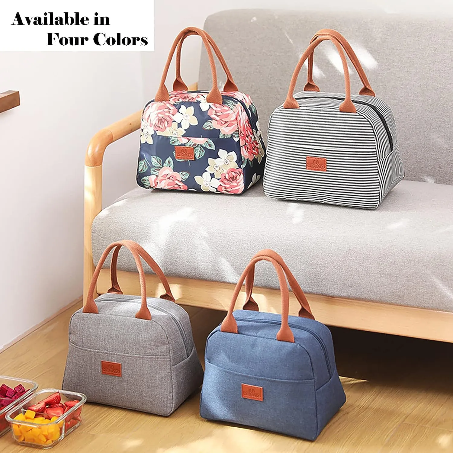 House of Quirk Insulated Reusable Lunch Bag Tote Bag for Women Printed Lunch Bag for School Picnic Office Outdoor Gym (Blue Flower Leaves) (Nylon)