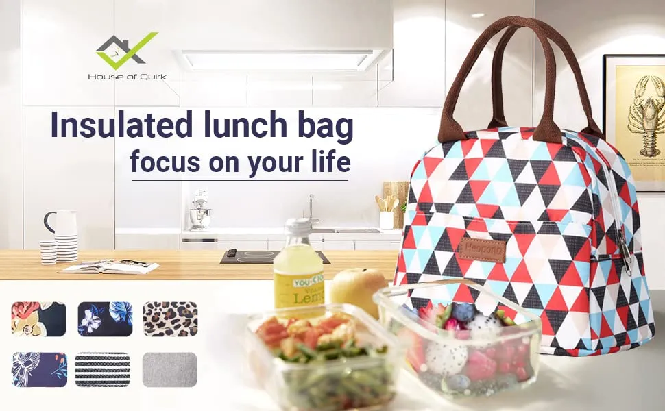 House of Quirk Insulated Reusable Lunch Bag Tote Bag for Women Printed Lunch Bag for School Picnic Office Outdoor Gym (Blue Flower Leaves) (Nylon)