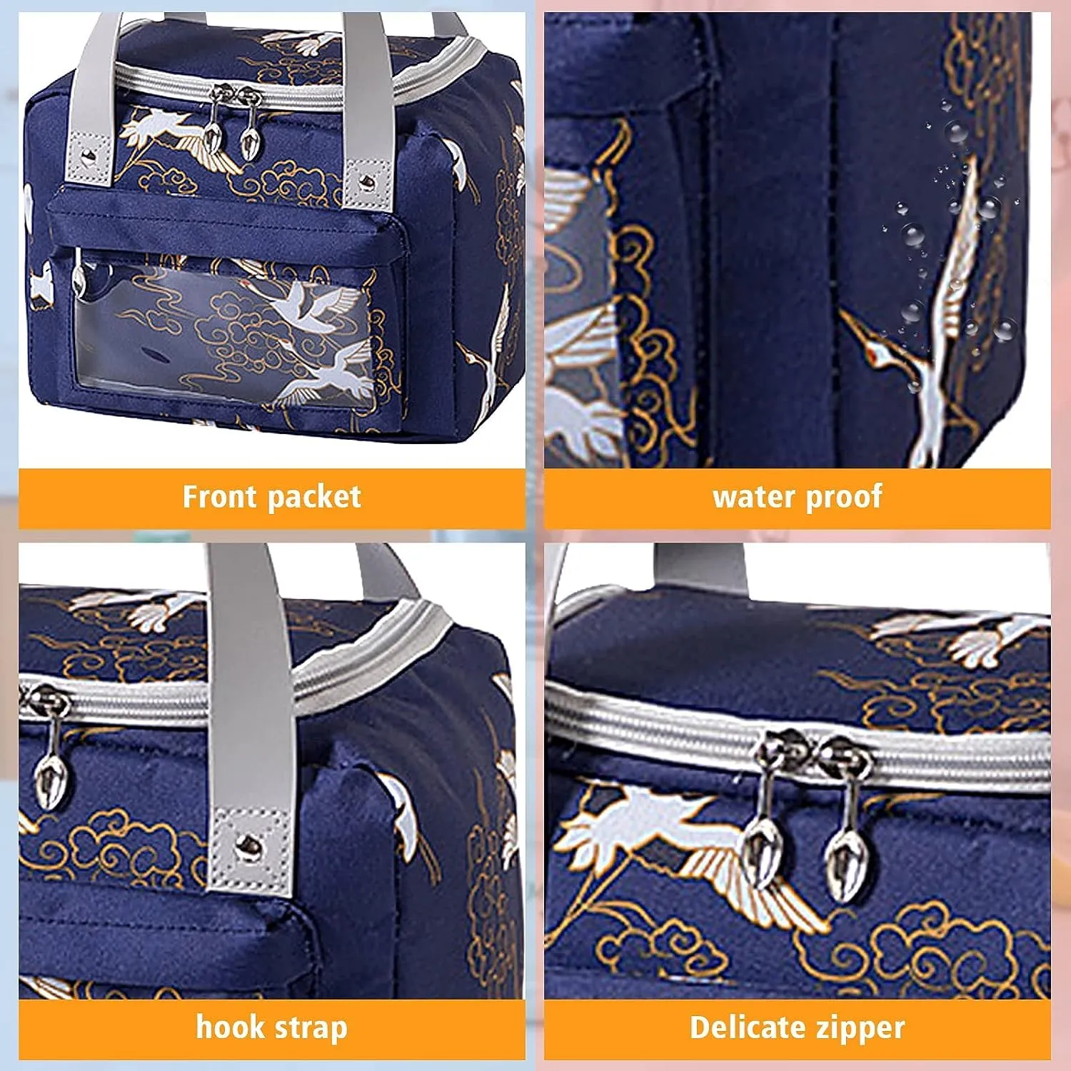 House of Quirk Insulated Reusable Lunch Bag Tote Bag for Women Printed Lunch Bag for School Picnic Office Outdoor Gym (Blue Flower Leaves) (Nylon)