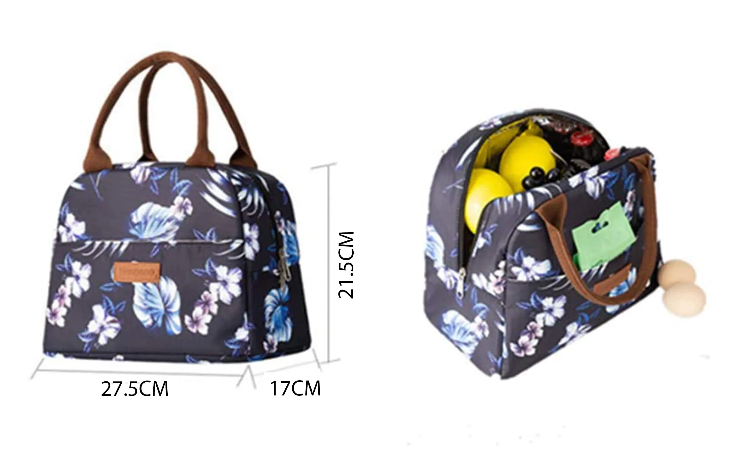 House of Quirk Insulated Reusable Lunch Bag Tote Bag for Women Printed Lunch Bag for School Picnic Office Outdoor Gym (Blue Flower Leaves) (Nylon)