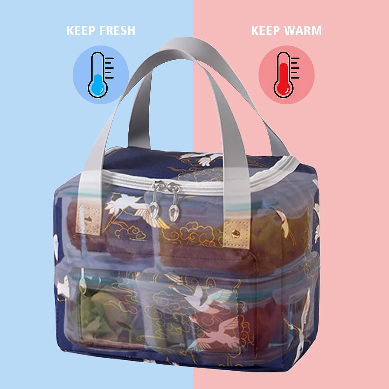 House of Quirk Insulated Reusable Lunch Bag Tote Bag for Women Printed Lunch Bag for School Picnic Office Outdoor Gym (Blue Flower Leaves) (Nylon)