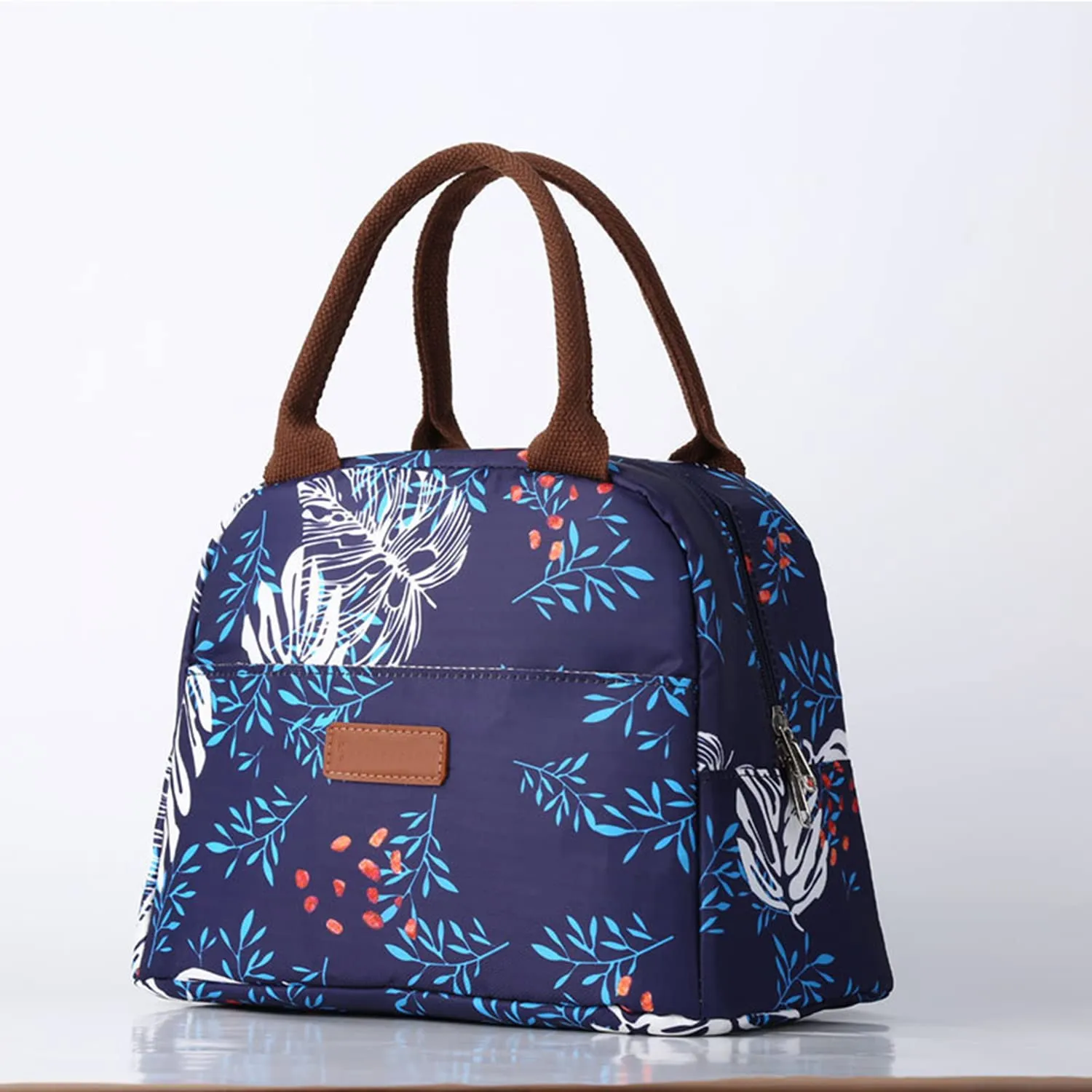 House of Quirk Insulated Reusable Lunch Bag Tote Bag for Women Printed Lunch Bag for School Picnic Office Outdoor Gym (Blue Flower Leaves) (Nylon)