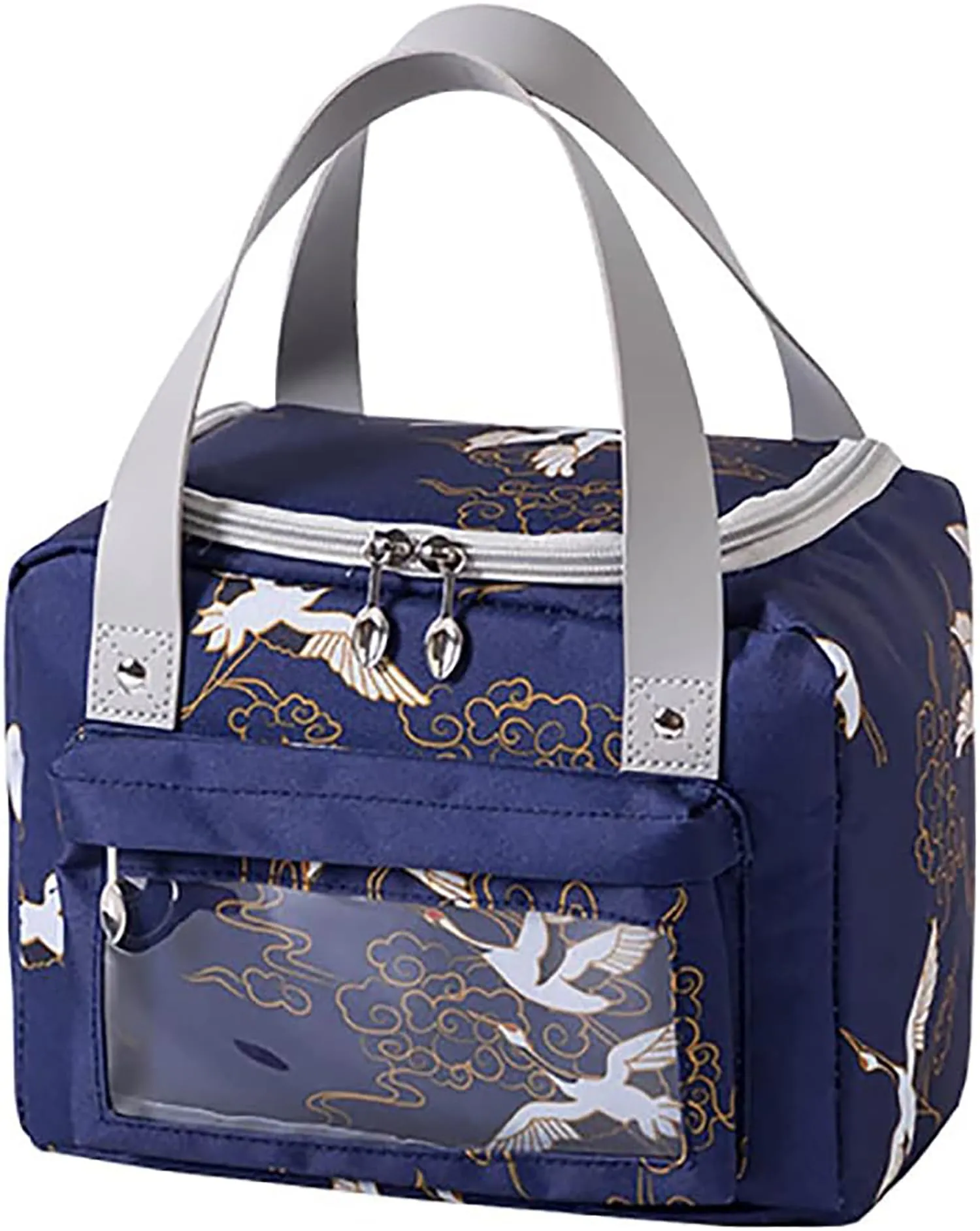 House of Quirk Insulated Reusable Lunch Bag Tote Bag for Women Printed Lunch Bag for School Picnic Office Outdoor Gym (Blue Flower Leaves) (Nylon)