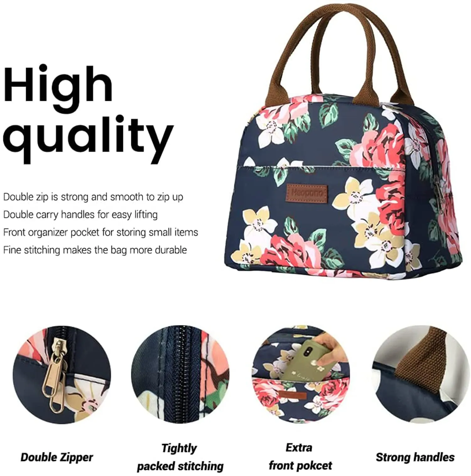 House of Quirk Insulated Reusable Lunch Bag Tote Bag for Women Printed Lunch Bag for School Picnic Office Outdoor Gym (Blue Flower Leaves) (Nylon)