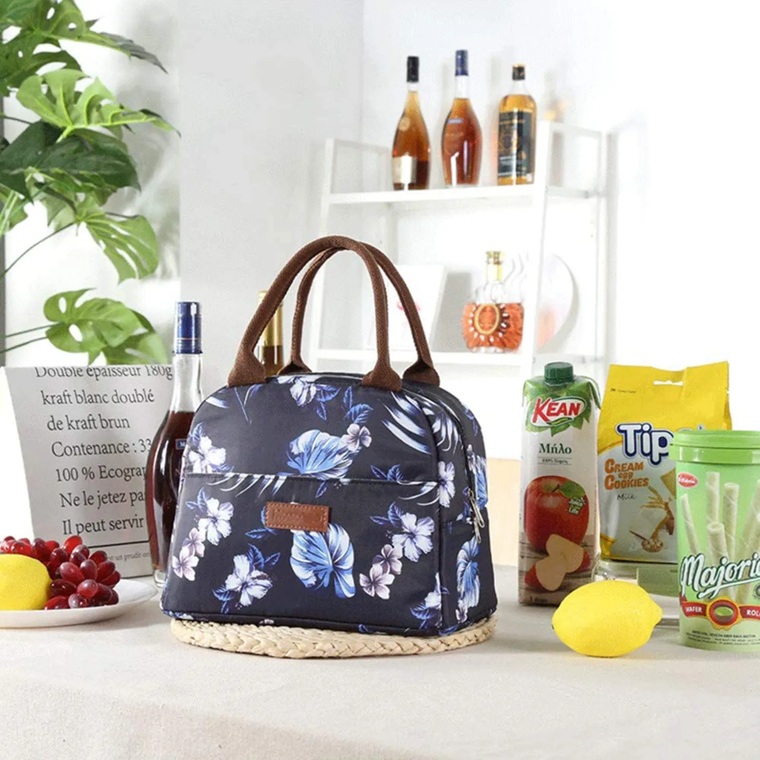 House of Quirk Insulated Reusable Lunch Bag Tote Bag for Women Printed Lunch Bag for School Picnic Office Outdoor Gym (Blue Flower Leaves) (Nylon)
