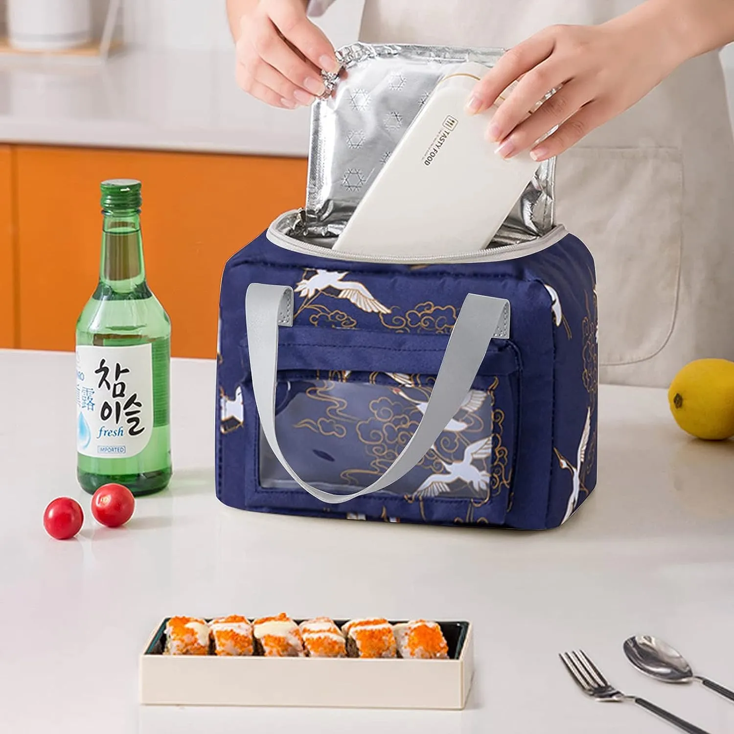 House of Quirk Insulated Reusable Lunch Bag Tote Bag for Women Printed Lunch Bag for School Picnic Office Outdoor Gym (Blue Flower Leaves) (Nylon)