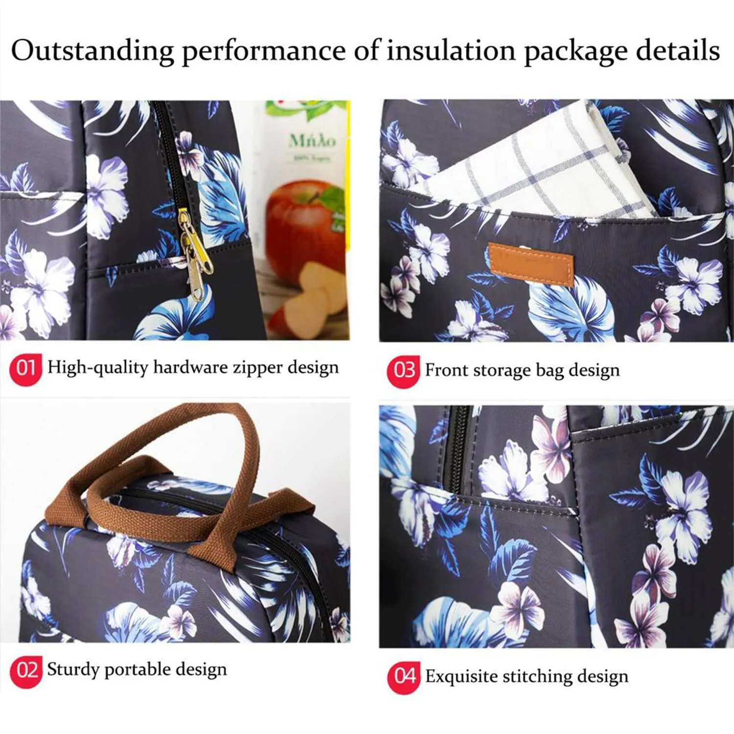 House of Quirk Insulated Reusable Lunch Bag Tote Bag for Women Printed Lunch Bag for School Picnic Office Outdoor Gym (Blue Flower Leaves) (Nylon)