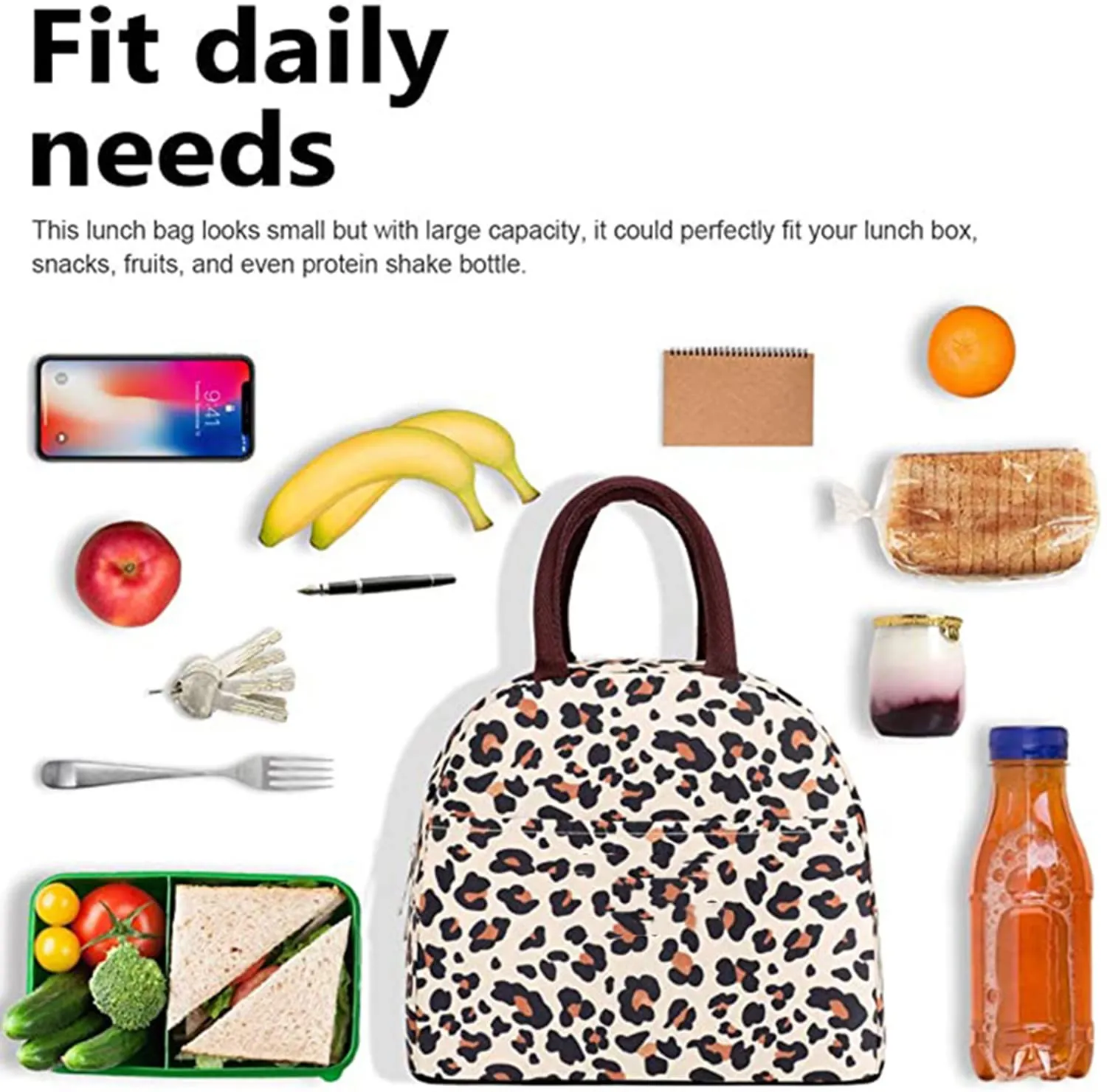 House of Quirk Insulated Reusable Lunch Bag Tote Bag for Women Printed Lunch Bag for School Picnic Office Outdoor Gym (Blue Flower Leaves) (Nylon)