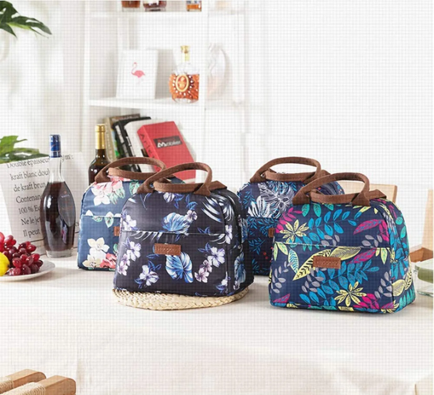 House of Quirk Insulated Reusable Lunch Bag Tote Bag for Women Printed Lunch Bag for School Picnic Office Outdoor Gym (Blue Flower Leaves) (Nylon)