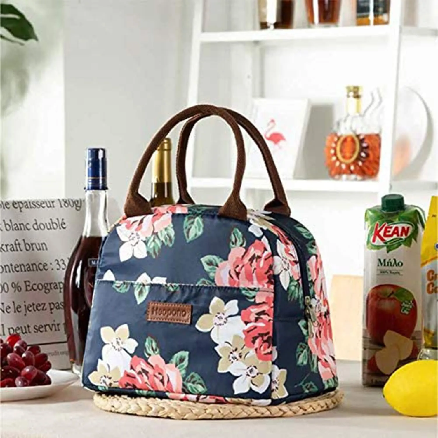 House of Quirk Insulated Reusable Lunch Bag Tote Bag for Women Printed Lunch Bag for School Picnic Office Outdoor Gym (Blue Flower Leaves) (Nylon)