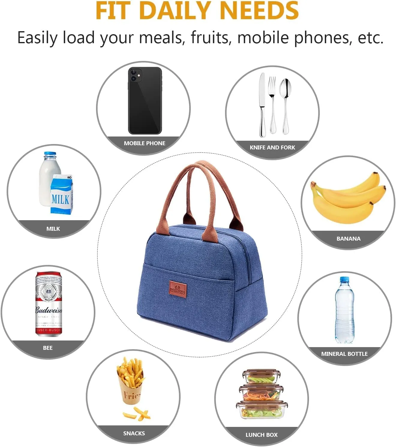 House of Quirk Insulated Reusable Lunch Bag Tote Bag for Women Printed Lunch Bag for School Picnic Office Outdoor Gym (Blue Flower Leaves) (Nylon)