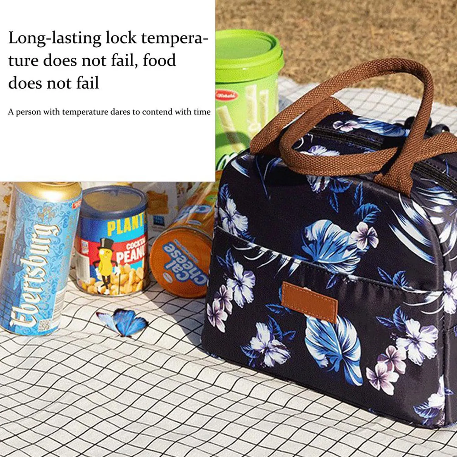 House of Quirk Insulated Reusable Lunch Bag Tote Bag for Women Printed Lunch Bag for School Picnic Office Outdoor Gym (Blue Flower Leaves) (Nylon)
