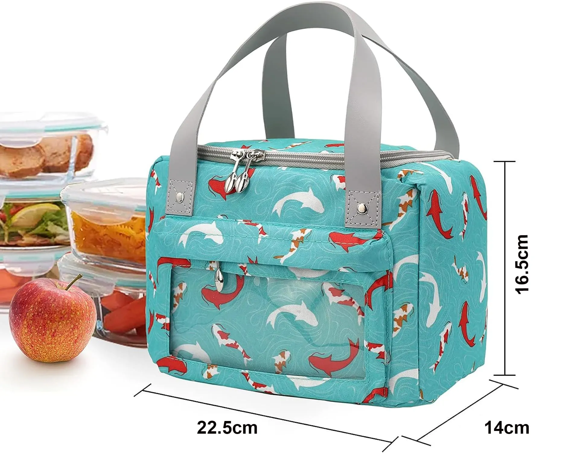 House of Quirk Insulated Reusable Lunch Bag Tote Bag for Women Printed Lunch Bag for School Picnic Office Outdoor Gym (Blue Flower Leaves) (Nylon)