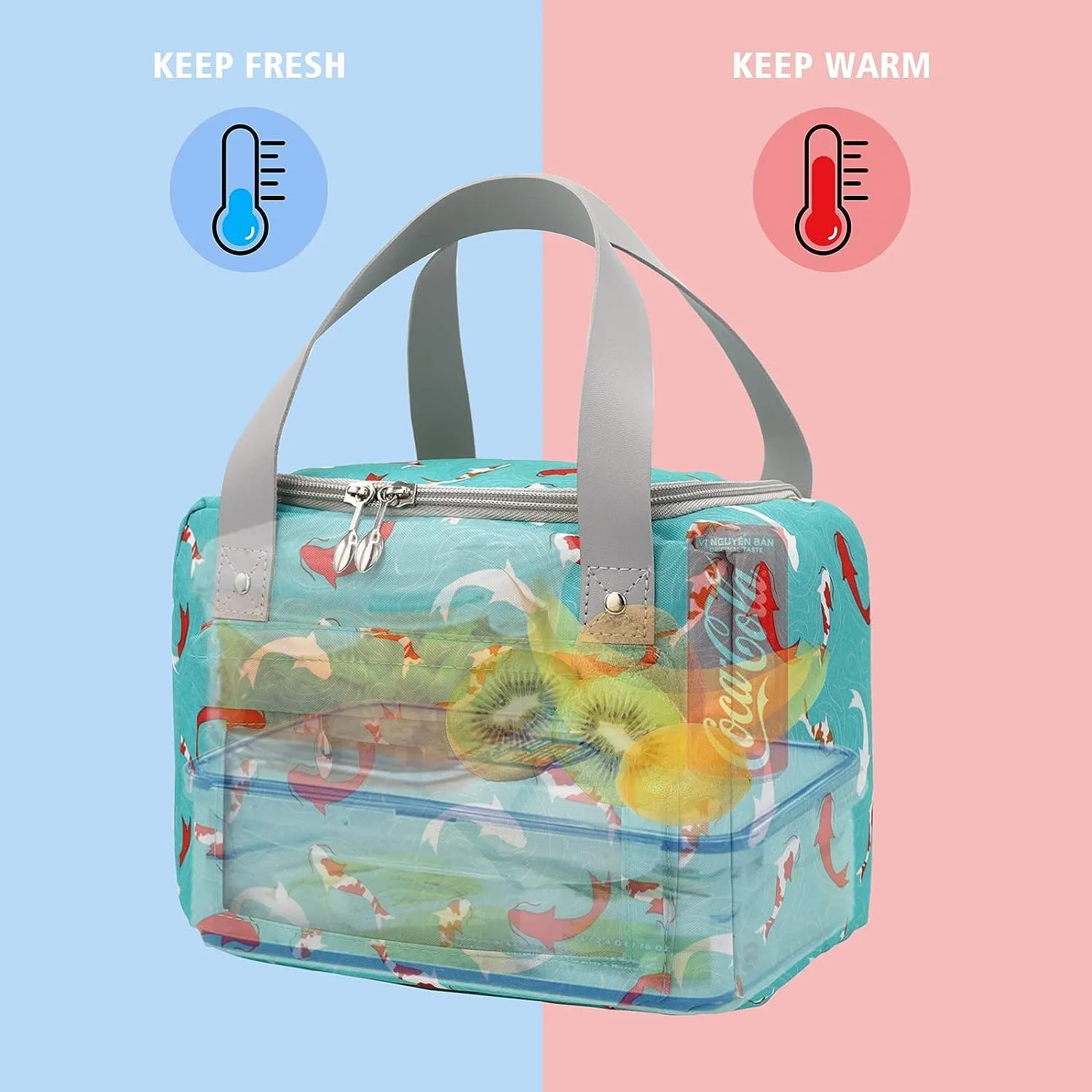 House of Quirk Insulated Reusable Lunch Bag Tote Bag for Women Printed Lunch Bag for School Picnic Office Outdoor Gym (Blue Flower Leaves) (Nylon)