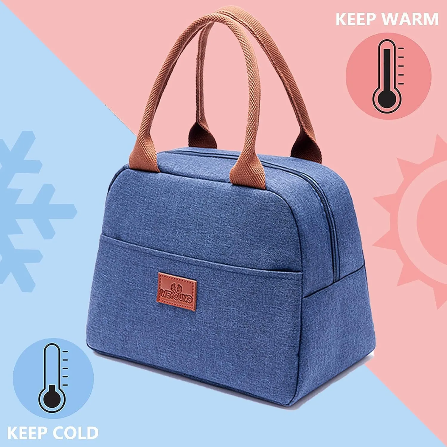 House of Quirk Insulated Reusable Lunch Bag Tote Bag for Women Printed Lunch Bag for School Picnic Office Outdoor Gym (Blue Flower Leaves) (Nylon)