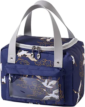 House of Quirk Insulated Reusable Lunch Bag Tote Bag for Women Printed Lunch Bag for School Picnic Office Outdoor Gym (Blue Flower Leaves) (Nylon)
