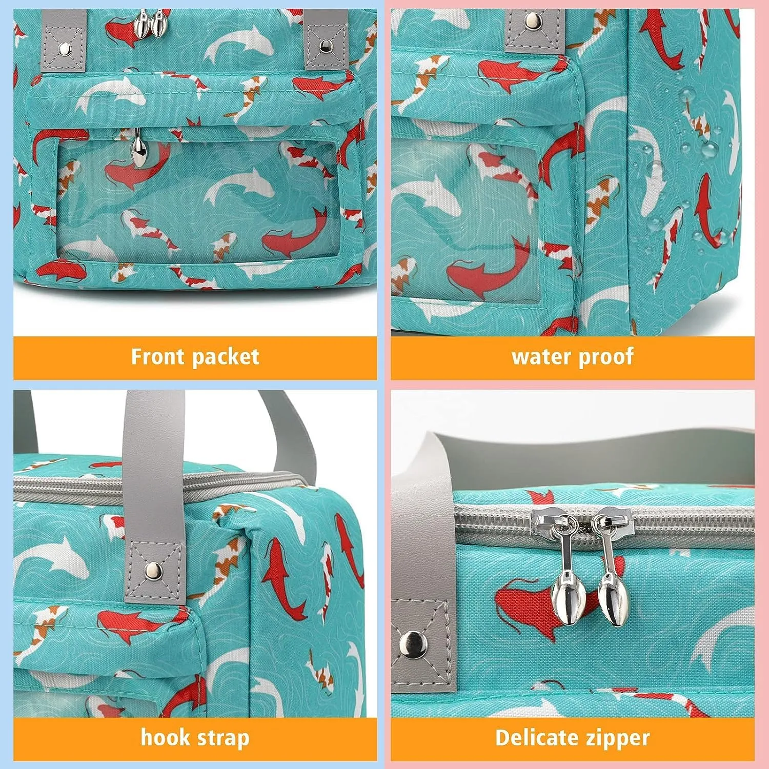 House of Quirk Insulated Reusable Lunch Bag Tote Bag for Women Printed Lunch Bag for School Picnic Office Outdoor Gym (Blue Flower Leaves) (Nylon)