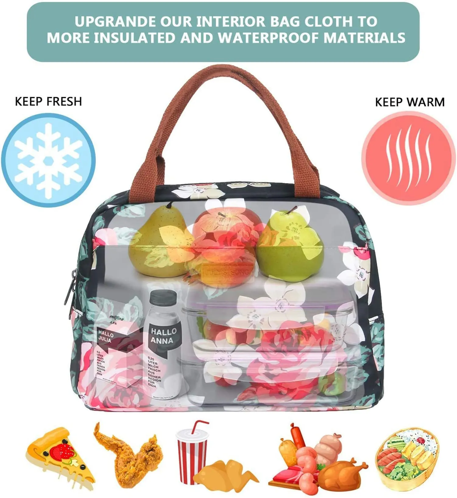 House of Quirk Insulated Reusable Lunch Bag Tote Bag for Women Printed Lunch Bag for School Picnic Office Outdoor Gym (Blue Flower Leaves) (Nylon)
