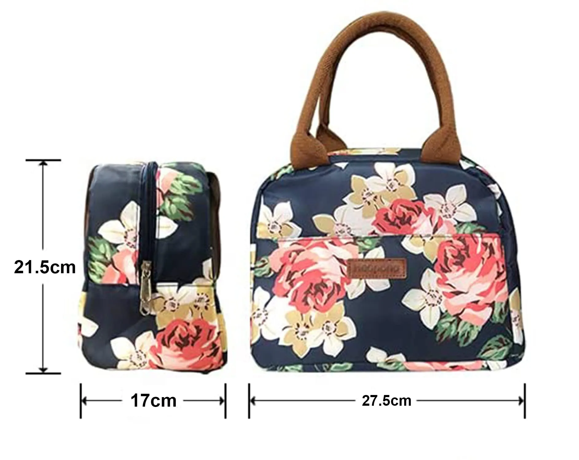 House of Quirk Insulated Reusable Lunch Bag Tote Bag for Women Printed Lunch Bag for School Picnic Office Outdoor Gym (Blue Flower Leaves) (Nylon)