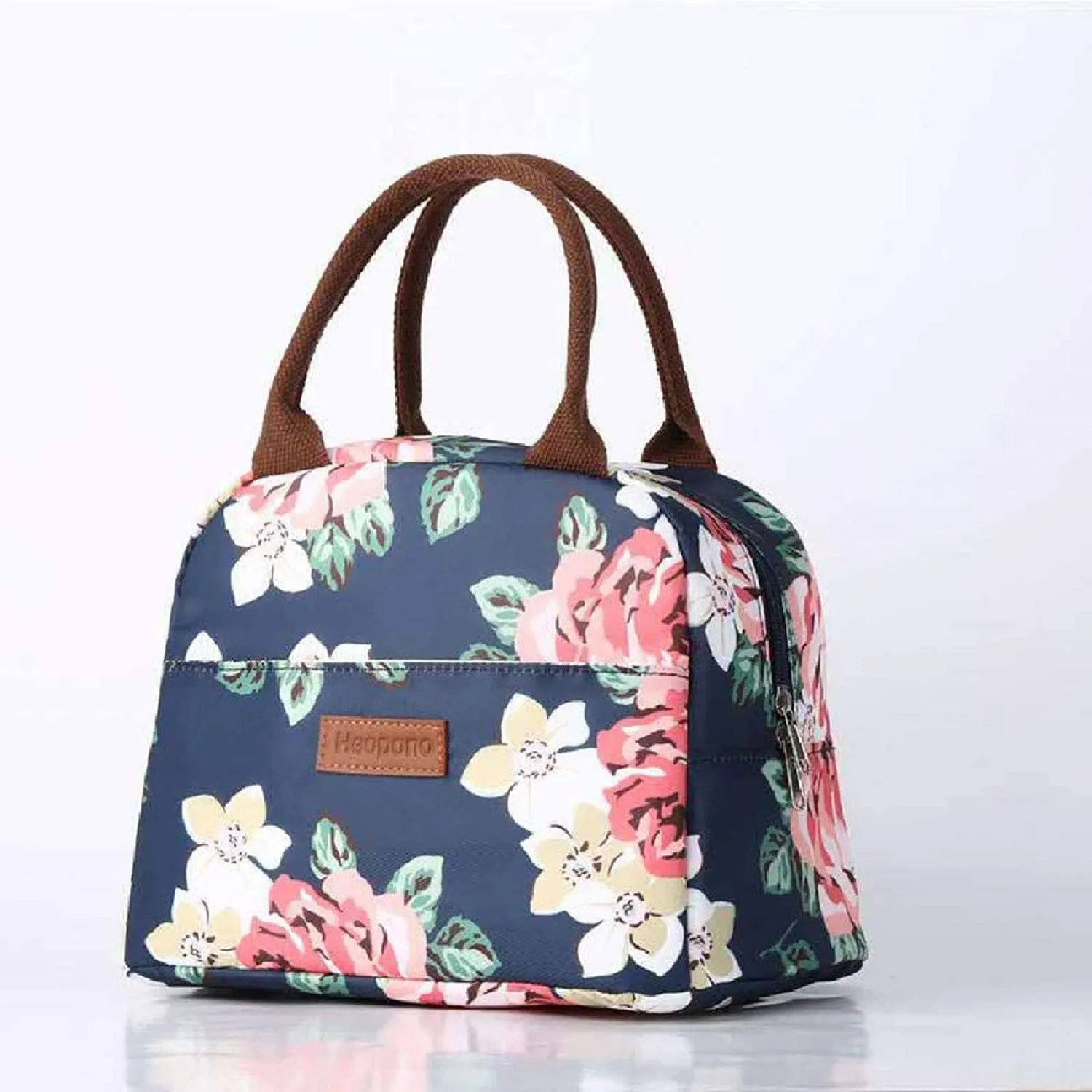 House of Quirk Insulated Reusable Lunch Bag Tote Bag for Women Printed Lunch Bag for School Picnic Office Outdoor Gym (Blue Flower Leaves) (Nylon)