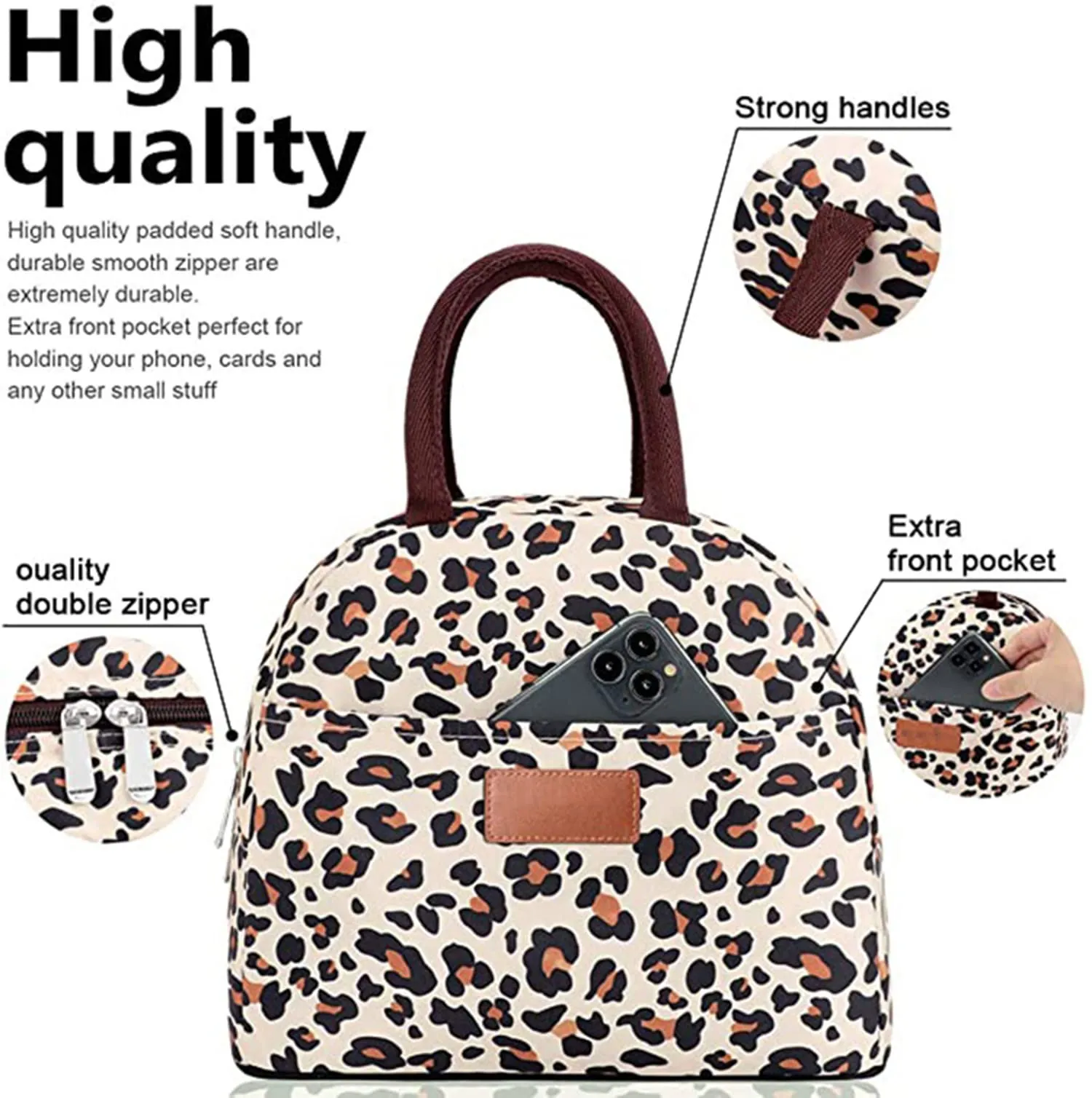 House of Quirk Insulated Reusable Lunch Bag Tote Bag for Women Printed Lunch Bag for School Picnic Office Outdoor Gym (Blue Flower Leaves) (Nylon)