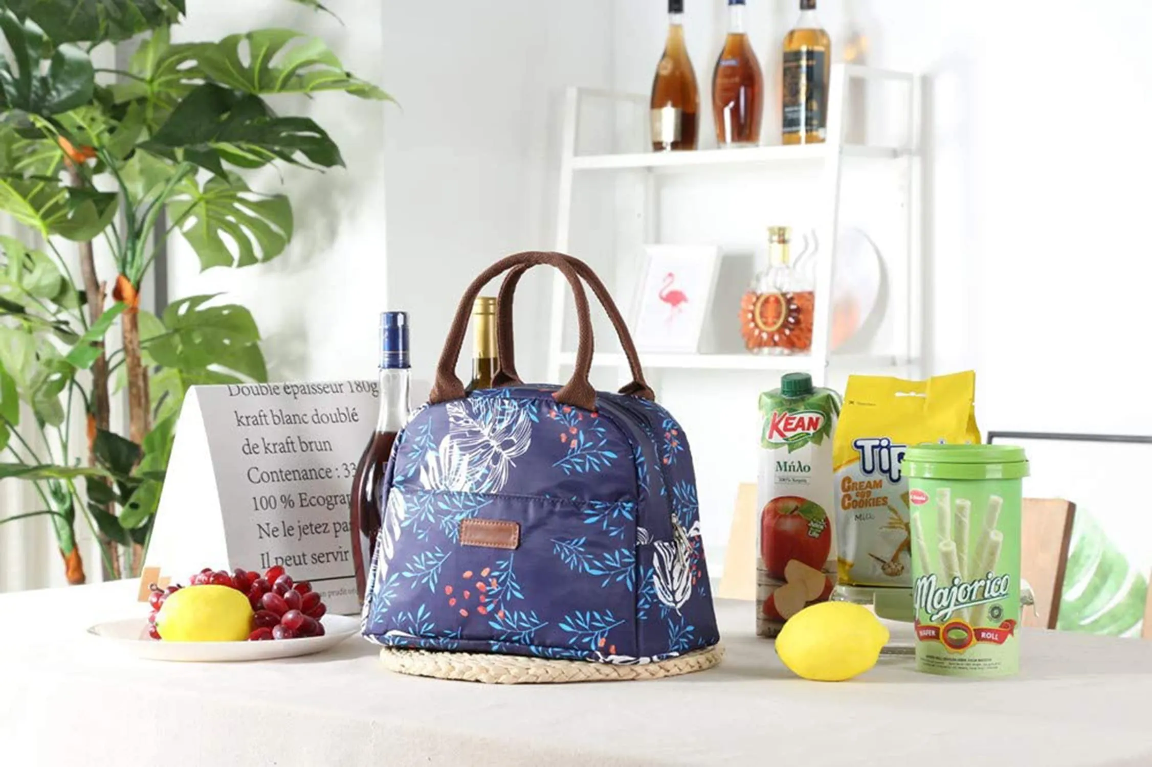 House of Quirk Insulated Reusable Lunch Bag Tote Bag for Women Printed Lunch Bag for School Picnic Office Outdoor Gym (Blue Flower Leaves) (Nylon)