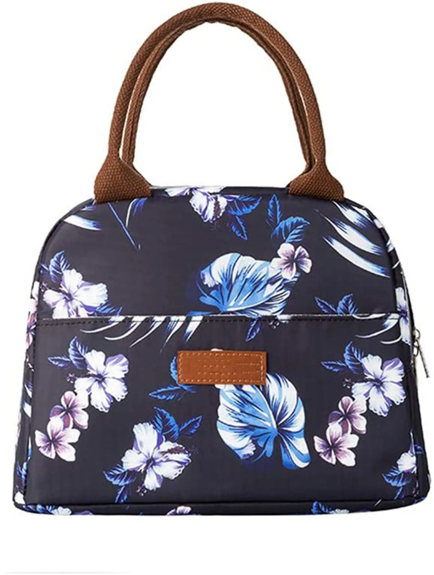 House of Quirk Insulated Reusable Lunch Bag Tote Bag for Women Printed Lunch Bag for School Picnic Office Outdoor Gym (Blue Flower Leaves) (Nylon)