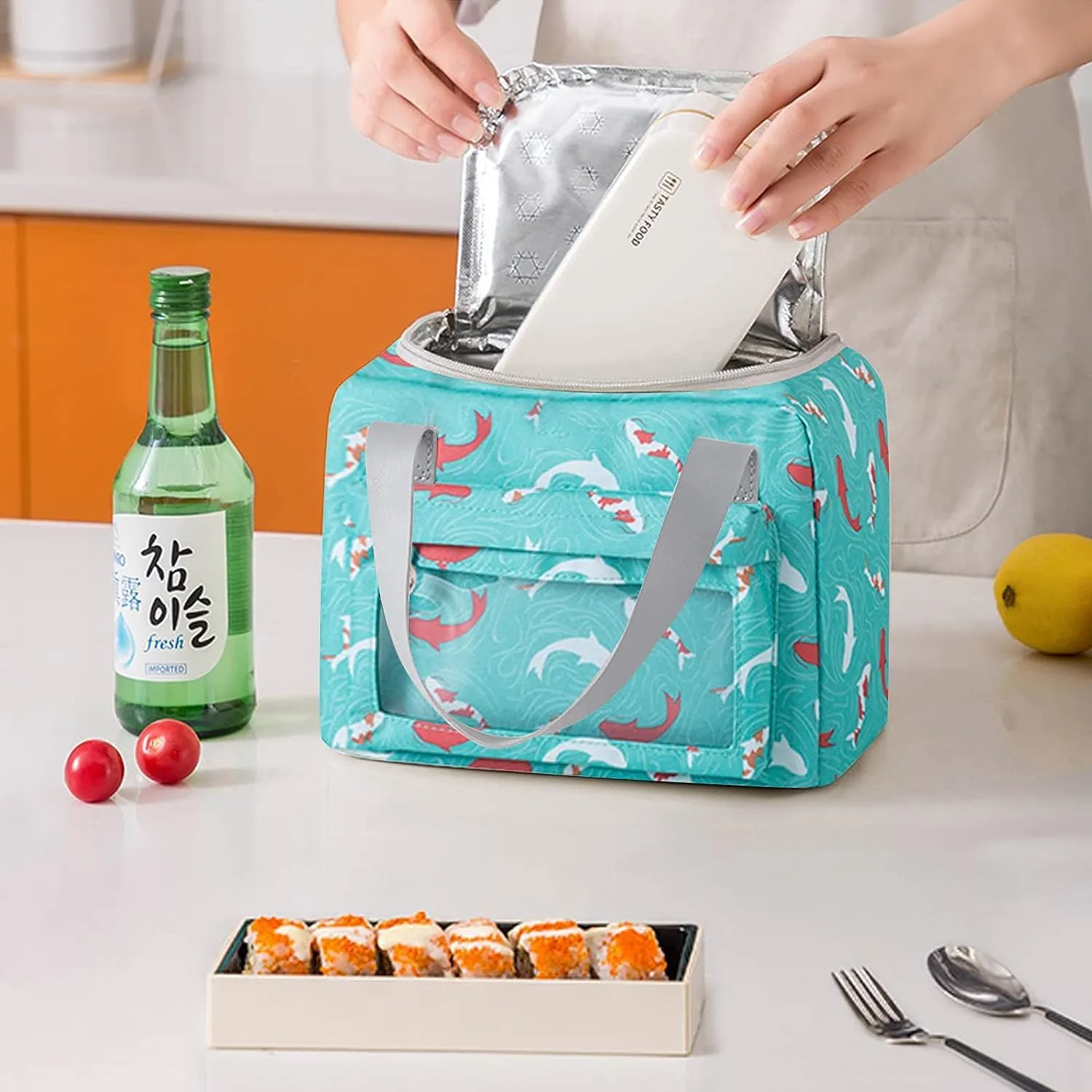 House of Quirk Insulated Reusable Lunch Bag Tote Bag for Women Printed Lunch Bag for School Picnic Office Outdoor Gym (Blue Flower Leaves) (Nylon)