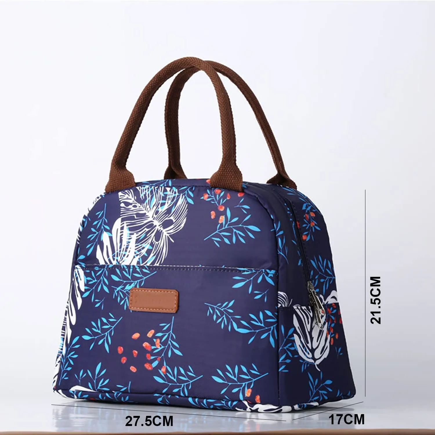 House of Quirk Insulated Reusable Lunch Bag Tote Bag for Women Printed Lunch Bag for School Picnic Office Outdoor Gym (Blue Flower Leaves) (Nylon)