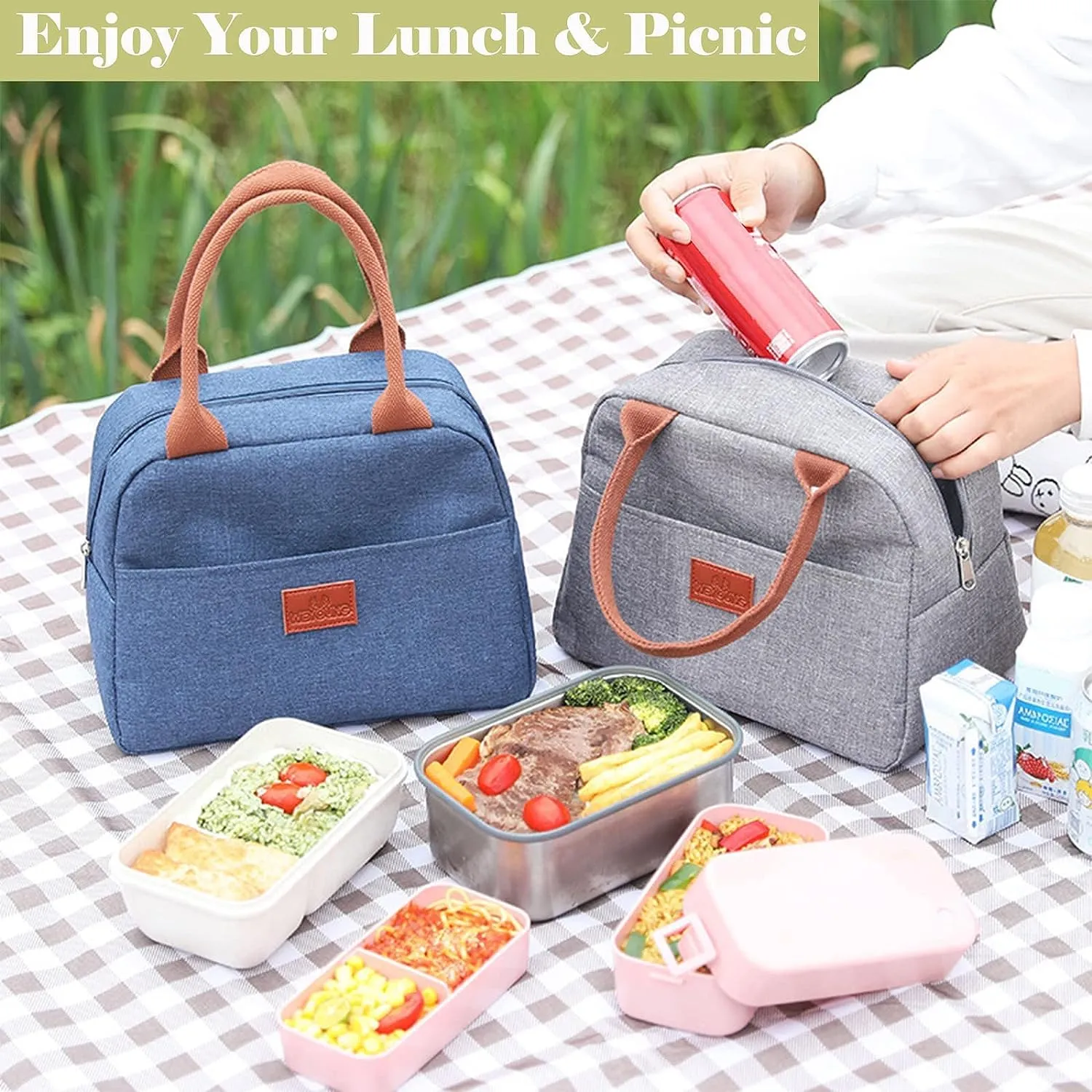 House of Quirk Insulated Reusable Lunch Bag Tote Bag for Women Printed Lunch Bag for School Picnic Office Outdoor Gym (Blue Flower Leaves) (Nylon)