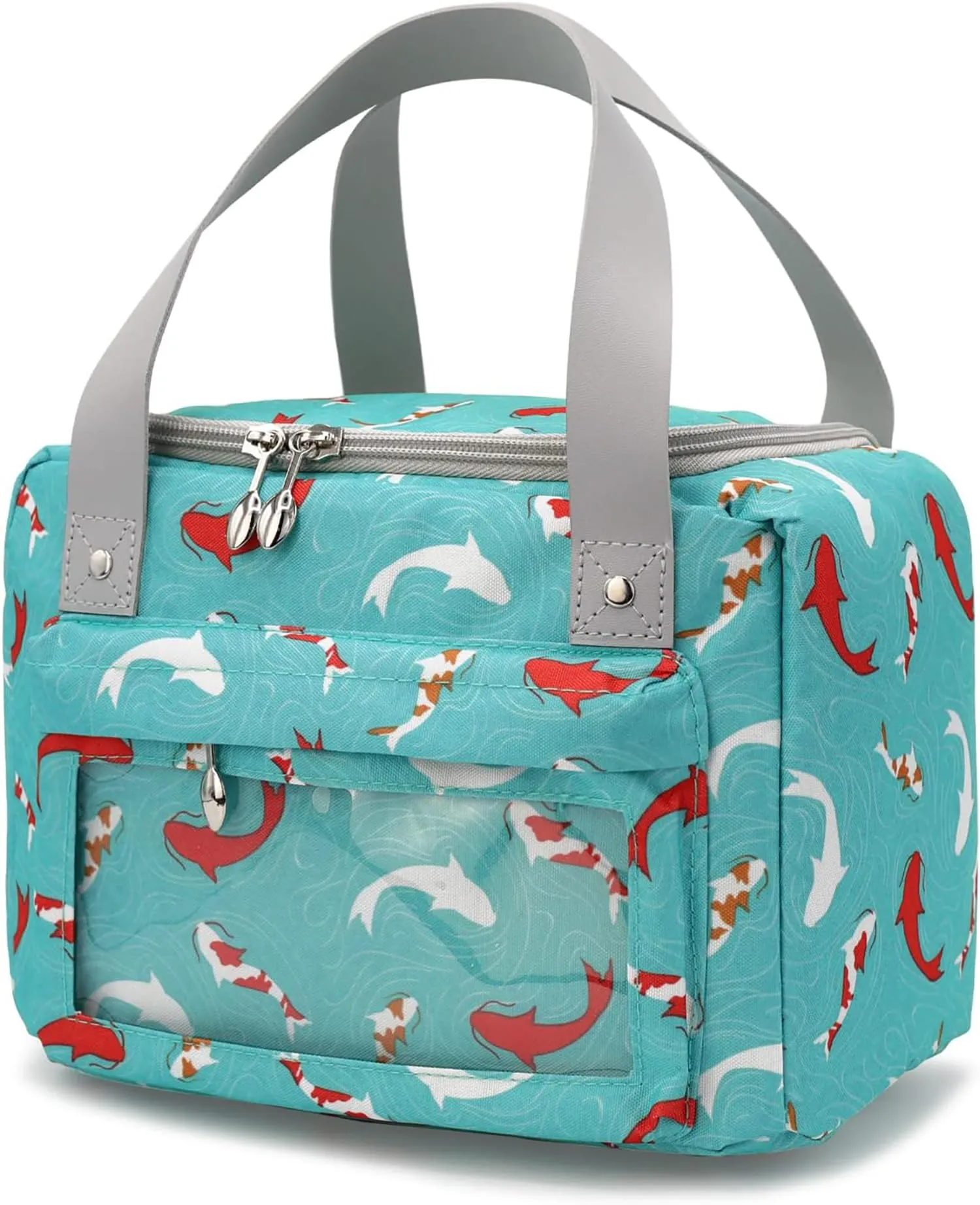 House of Quirk Insulated Reusable Lunch Bag Tote Bag for Women Printed Lunch Bag for School Picnic Office Outdoor Gym (Blue Flower Leaves) (Nylon)