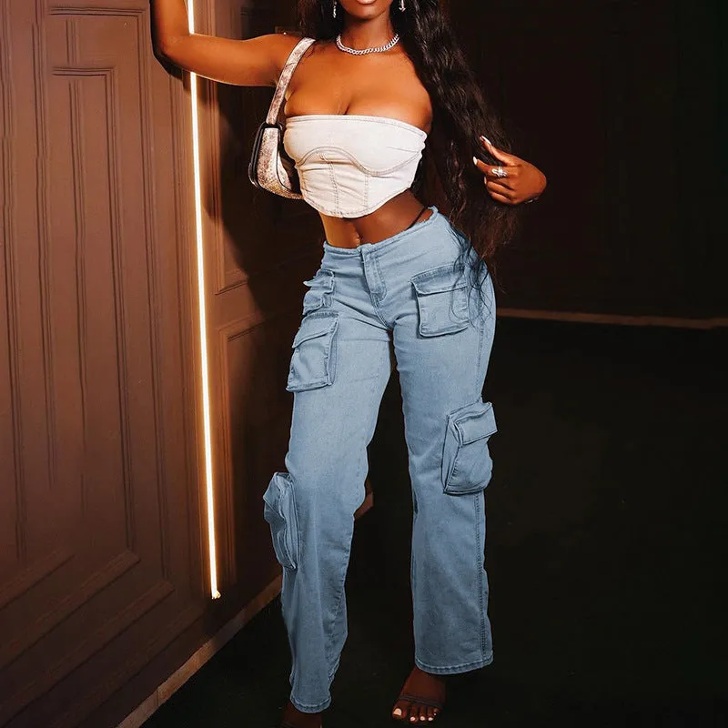 KH23013Low Waist Multi-Pocket Workwear Style Jeans2023European and American Autumn Hot Girl Straight All-Matching Trousers Women