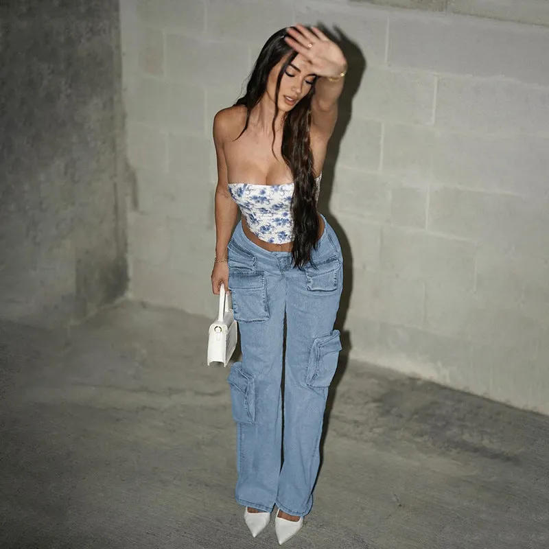 KH23013Low Waist Multi-Pocket Workwear Style Jeans2023European and American Autumn Hot Girl Straight All-Matching Trousers Women