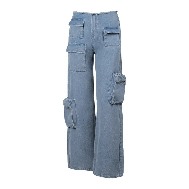 KH23013Low Waist Multi-Pocket Workwear Style Jeans2023European and American Autumn Hot Girl Straight All-Matching Trousers Women