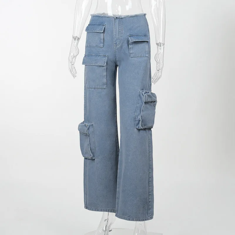 KH23013Low Waist Multi-Pocket Workwear Style Jeans2023European and American Autumn Hot Girl Straight All-Matching Trousers Women