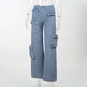 KH23013Low Waist Multi-Pocket Workwear Style Jeans2023European and American Autumn Hot Girl Straight All-Matching Trousers Women