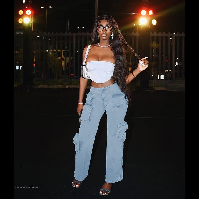 KH23013Low Waist Multi-Pocket Workwear Style Jeans2023European and American Autumn Hot Girl Straight All-Matching Trousers Women
