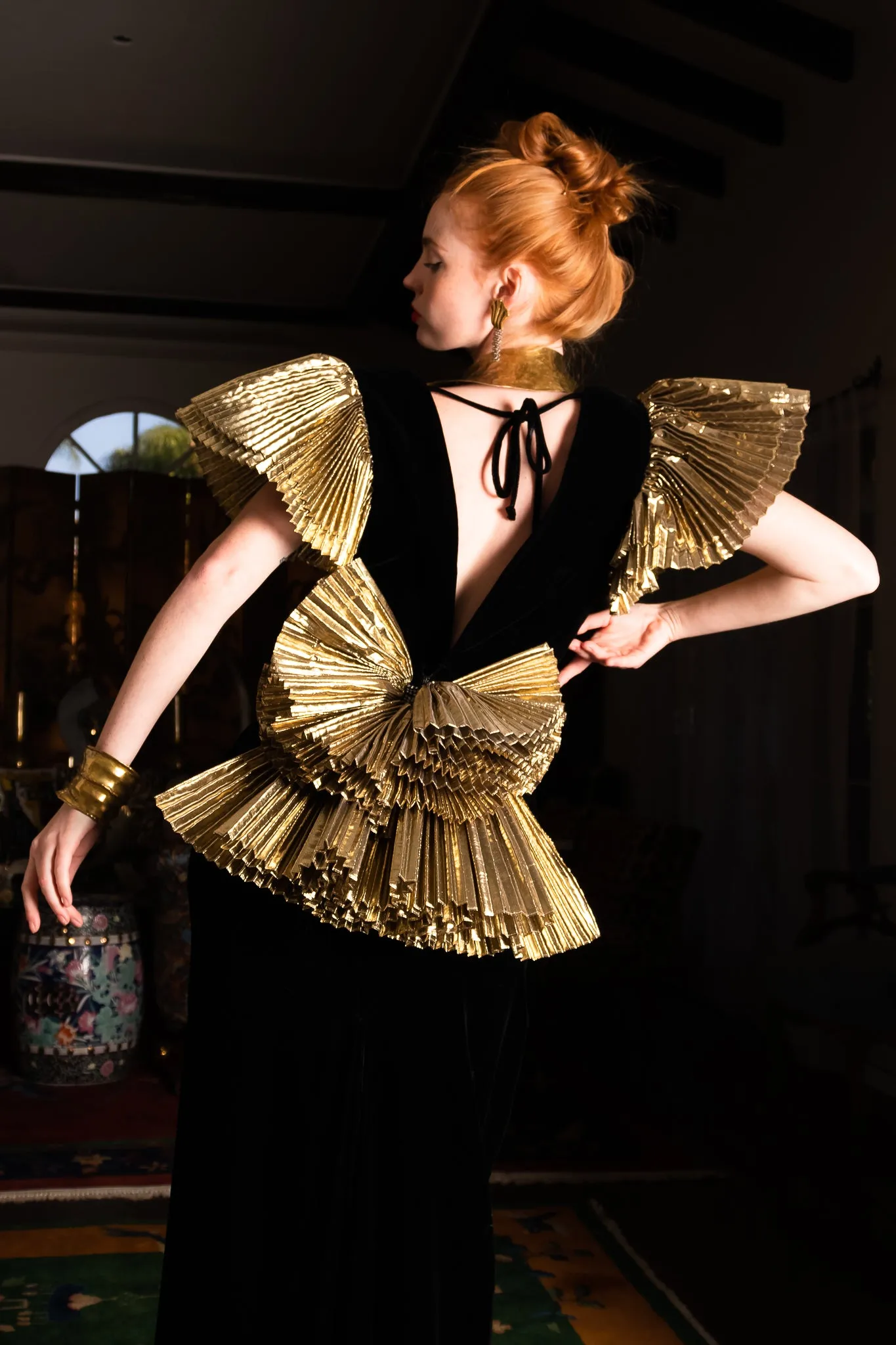Lamé Ruffle Velvet Sheath Gown